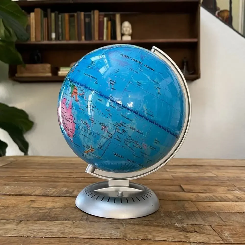 Light Up World Globe 9 in Silver Plastic Base Battery Operated